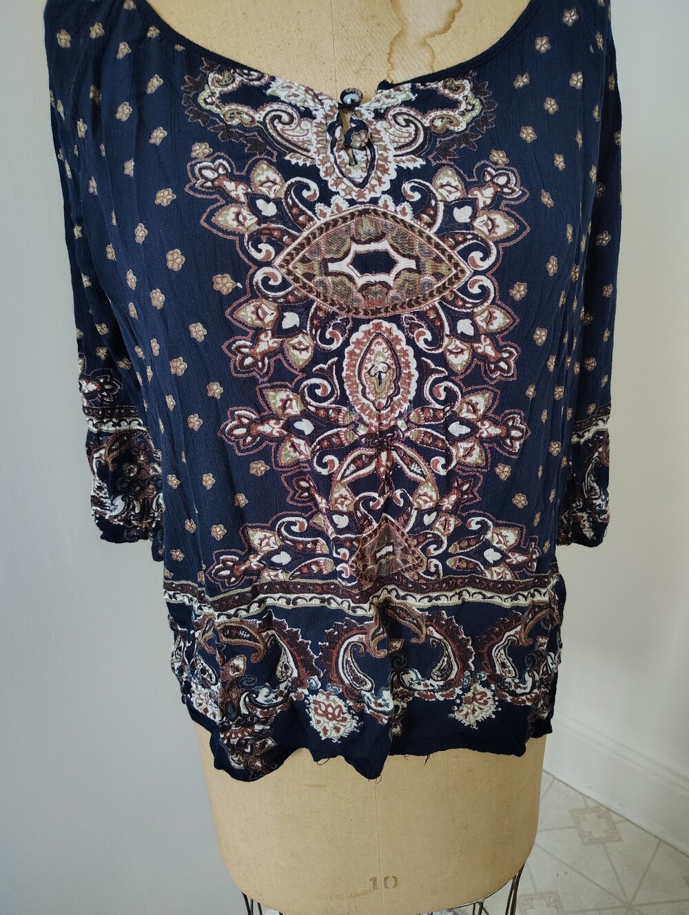 Angie Navy Paisley Embroidered Boho Top